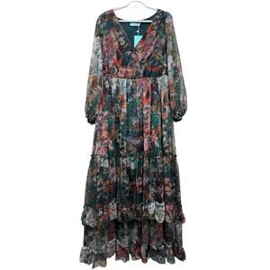 Toleen Floral Maxi Dress 3XL Tiered Chiffon Long Sleeve Lined V Neck
